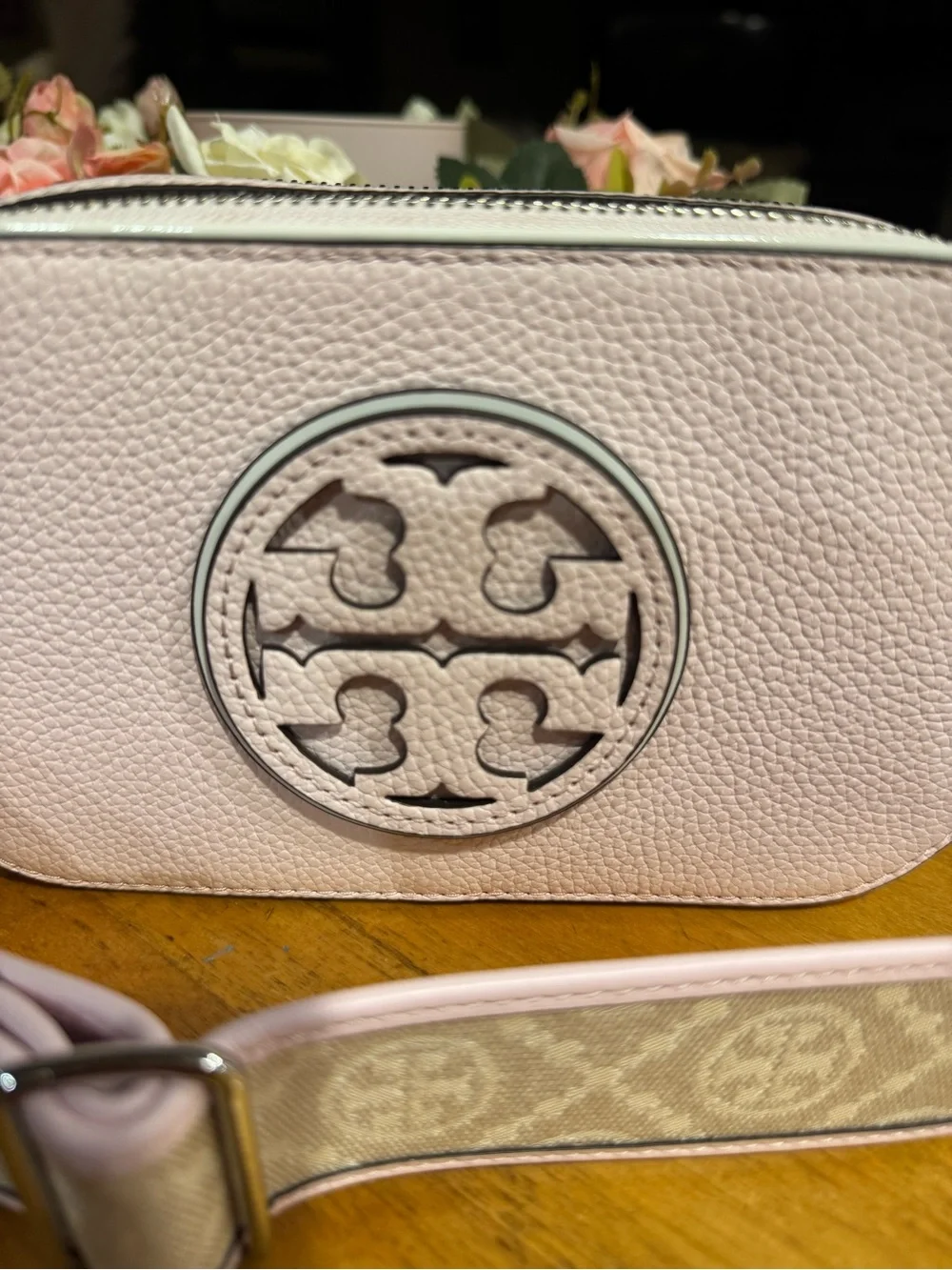Tory Burch soft Pink Leather mini Miller Crossbody bag with TB Logo Strap
